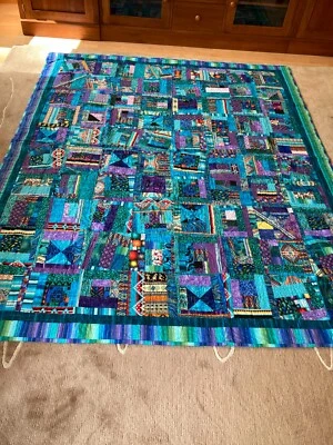 手工被子正装 71 英寸 x 88 英寸蓝色绿色紫色棉新品! 机器缝线 — 第 1/4 张图片