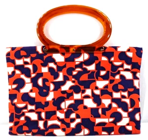 Vintage 70s Red Blue Geometric Lucite Handle Lady's Pride Folding Snap Tote Bag - Picture 1 of 5