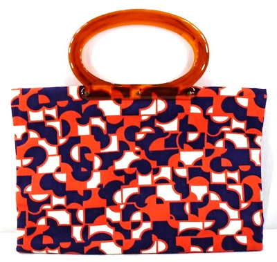 Vintage 70s Red Blue Geometric Lucite Handle Lady's Pride Folding Snap Tote Bag - Image 1 of 4
