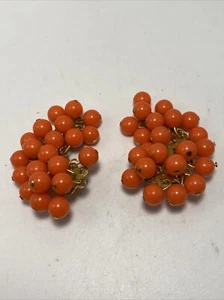 Earrings Clip on Coral color beaded climber 1950’s-B12D - Picture 1 of 8