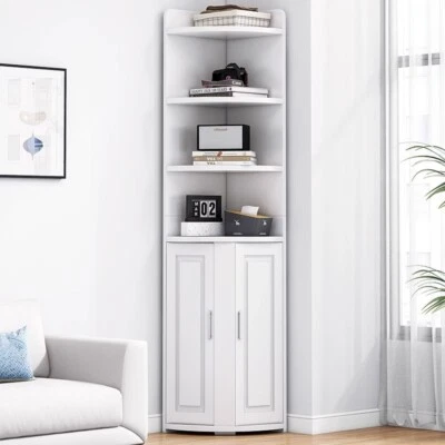 Badschrank Eckschrank Hochschrank 180x30x30 cm Eckregal mit Ablagen & Türen Weiß - Bild 1 von 4