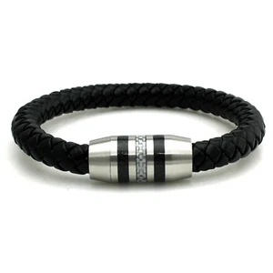 Stainless Steel Black Leather Magnetic Clasp Carbon Fiber Inlay Mens Bracelet - Picture 1 of 2