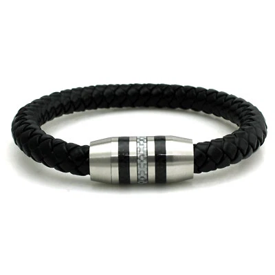 Pulsera para hombre de acero inoxidable de cuero negro con cierre magnético con incrustaciones de fibra de carbono Foto 1 de 2