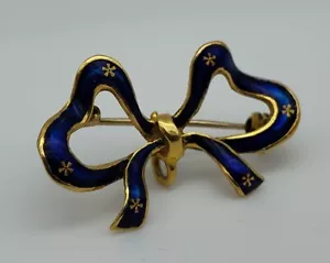 Antique 14K Yellow Gold Blue Enamel w/stars Bow Brooch Pin Lapel Watch Hook - Picture 1 of 12