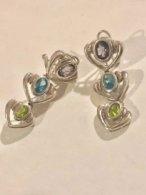 Heart Sterling Silver Long Triple Heart Dangle Earrings With Multi Color Zircon - Image 1 of 4