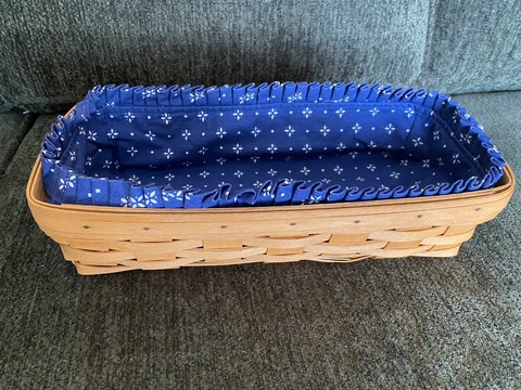 Longaberger Bread Basket with Blue Liner, 1996, 14" x 7" x 3.5" approx Cover