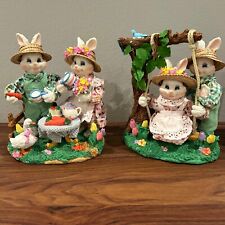 Vintage Fabric Mach'e Spring Bunnies Easter Decor Handcrafted Set of 2 Swinging