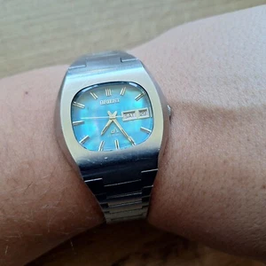 Seltene Orient Chrono Ace Mexican 27 Jewels blaues Perlmutt Zifferblatt Japan Uhr - Bild 1 von 12