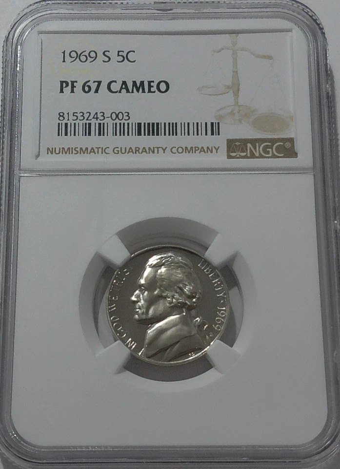 1969 S NGC PF67 Cameo Proof Jefferson Nickel 5c Clad Bright White Coin White Lbl - Image 1 of 3