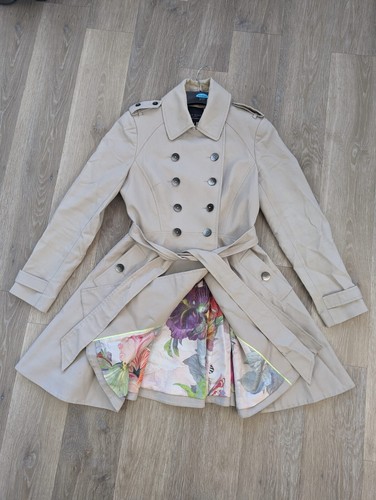 OFF WHITE Ted Baker trench donna Moriah bianco sporco doppiopetto con cintura UK 10 TB 2