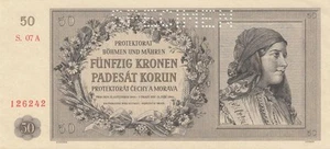 1944 BOHEMIA & MORAVIA CZECHOSLOVAKIA 50 KORUN **SPECIMEN** "A" (( GEM UNC )) - Picture 1 of 2
