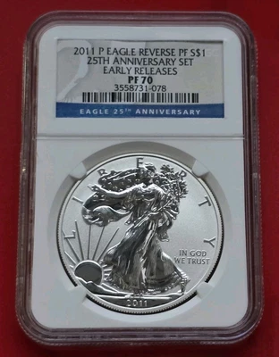 Moneda American Eagle 2011-P 1 oz .999 plata prueba inversa NGC MS 70 ER - 25º año Foto 1 de 2