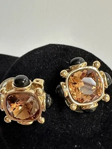 Vintage Kuppel facettiert Faux Citrin Onix goldfarbene Clip-On Ohrringe Couture ITALIEN - Bild 1 von 24
