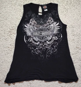Harley Davidson Tank Top Shirt Womens M Black Sleeveless Beaded RHINESTONE Biker - Picture 1 of 7