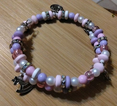 Handmade 13in Wrap Bracelet-Clay, Plastic, Glass, Rhinestone Spacers-3 Charms. - Image 1 of 4