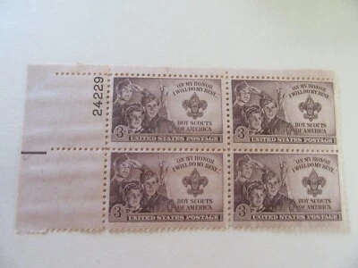 Sc#995 Boy Scout 3c Plate Block of 4 Stamps Unused (1950 Issue)  Auction #2 - Image 1 of 2