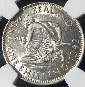 RARE 1942 New Zealand Shilling - Broken Back NGC AU 55 Silver - Picture 1 of 3