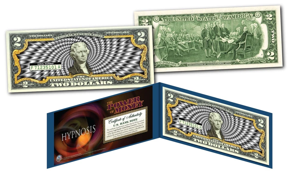 HYPNOSIS Power of Money 3-D Effect B/W Genuine Legal Tender U.S. $2 Bill w/ COA - Image 1 of 1