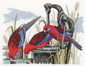 Country Threads Crimson Rosellas Cross Stitch Kit 26 x 34cm 14ct Aida #FJ-1025 - Imagen 1 de 3
