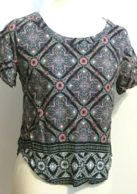 Copper Key Shirt Womens Small Multicolor Cropped Short Sleeve Festival Boho Top - Image 1 of 4
