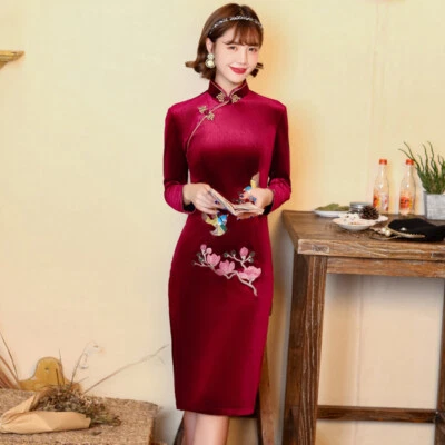 Mujeres Vestido de Noche Fiesta Chino Terciopelo Corto Cheongsam Borgoña Invierno Qipao Foto 1 de 4