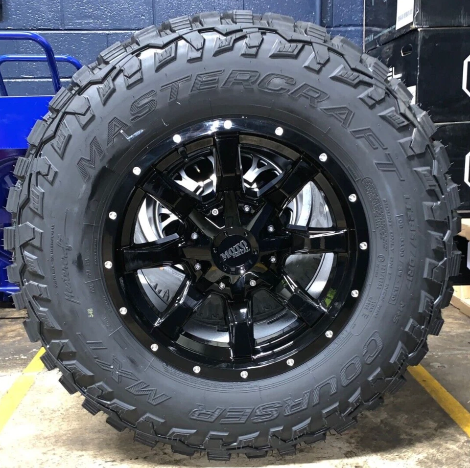 17x9 Moto Metal MO970 Black Wheels 33" MT MXT Tires 6x5.5 Chevy Silverado 1500 - Image 1 of 3