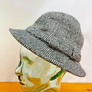 Dorfman Pacific Mens Scala Tweed Herringbone Fedora Hat Large Black White Gray - Picture 1 of 11