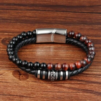 Pulsera magnética trenzada de cuero para hombre ojo de tigre rojo piedra ónix negro Foto 1 de 4