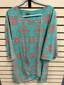Wrangler Tribal Tunic Dress Women Scoop Neck Hi Low 3/4 Bell Sleeve Large - Picture 1 of 8