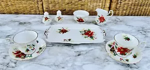Royal Albert Poinsettia Creamer & Sugar, Salt & Pepper, Tray, Tea Cups Set - Picture 1 of 12