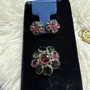 Trifari Krone selten Renaissance Set Brosche Ohrringe bunt handgegossen Glas - Bild 1 von 17