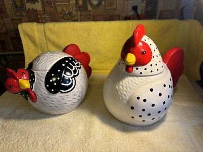 Vintage Pair Chickens Rooster & Hen Ceramic Cookie jar FR/SHP - Image 1 of 4
