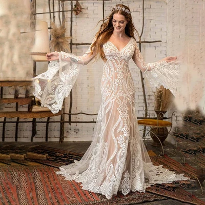 Elegant Mermaid Wedding Dresses V-Neck Bell Sleeves Lace Appliques Bridal Gowns - Image 1 of 4
