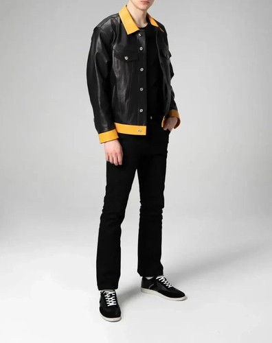 VALENTINO Giacca camicia pelle di agnello camionista denim nero e giallo uomo nuova stile