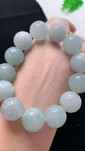 Genuine Icy Translucent Myanmar Jadeite Jade Carved Beads Bracelet Bangle《A》 - Picture 1 of 6