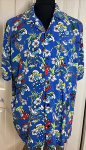 Smurfs Mens Hawaiian Shirt Sz 3XL Blue 100% Rayon Button Beach Camp Relax 80s - Picture 1 of 7