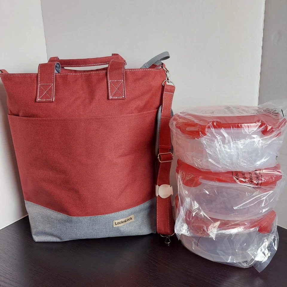 LocknLock Insulated Tote With 3-Piece Storage Set Red Gray Lock & Lock Lock And - Image 1 of 4
