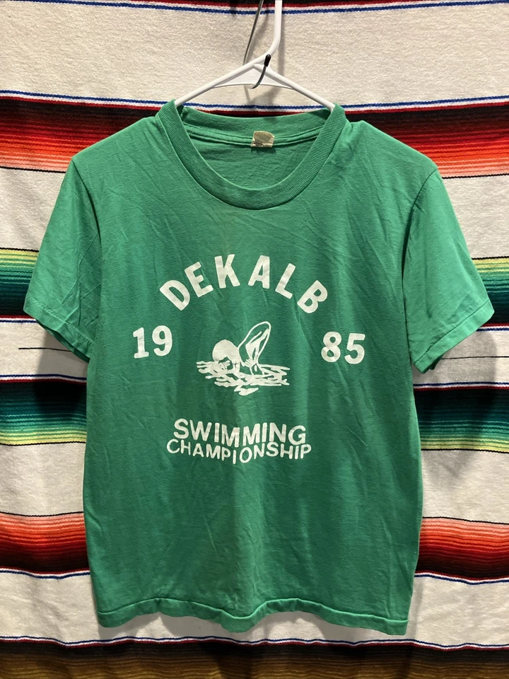 Vintage 80s 1985 Dekalb Swimming Champion Cropped Baby Tee Small 18x25 USA Made - Image 1 of 4