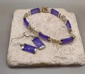 Vintage Sterling Silver 925 Purple Jade Bracelet And Earring Jewelry Set - Picture 1 of 24