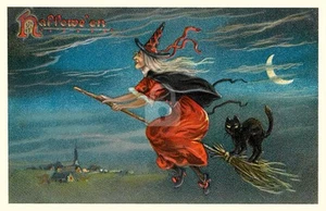 Halloween, Halloween Witch and Cat Vintage Reproduction Postcard - Picture 1 of 2