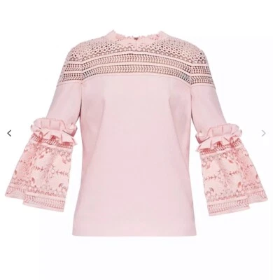 NUEVO CON ETIQUETAS $298 Blusa Ted Baker Amapola Encaje Ribete Rosa, Top, 0 equivalente a la talla 2, XS Foto 1 de 4