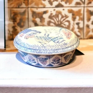 Porcelain Trinket Box w Lid. Blue and White Asian Design, Price Imports (BL2) - Picture 1 of 7