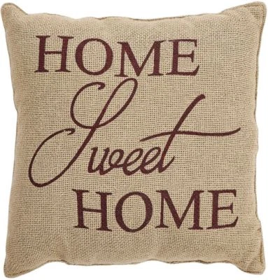 12" Home Sweet Home Throw Pillow Burgundy Red Stenciled on Natural Cotton Burlap - Image 1 of 4