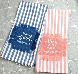 Mainstream Intl 2 Kitchen Tea Towels/Napkins Garden Theme Blue & Pink Stripes - Picture 1 of 6