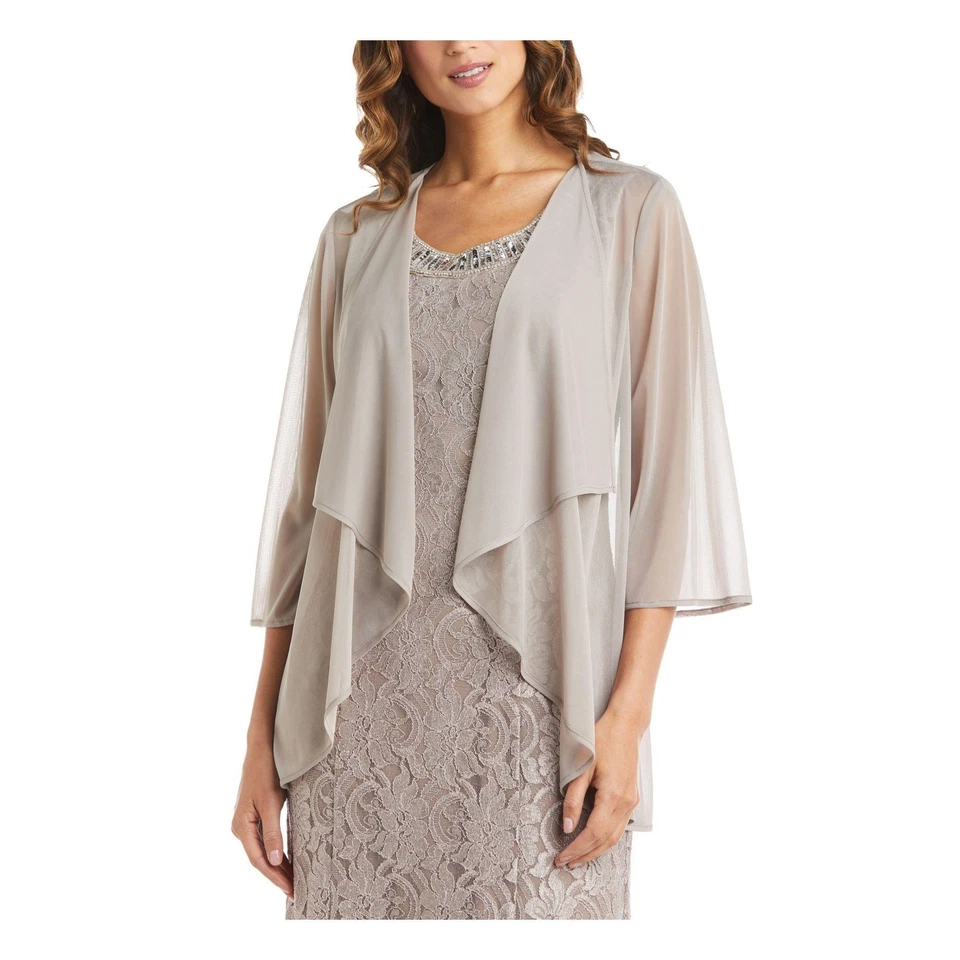 Jaqueta drapeada R M Richards bege transparente frente aberta estilo flyaway champanhe tamanho 8 - Imagem 1 de 3