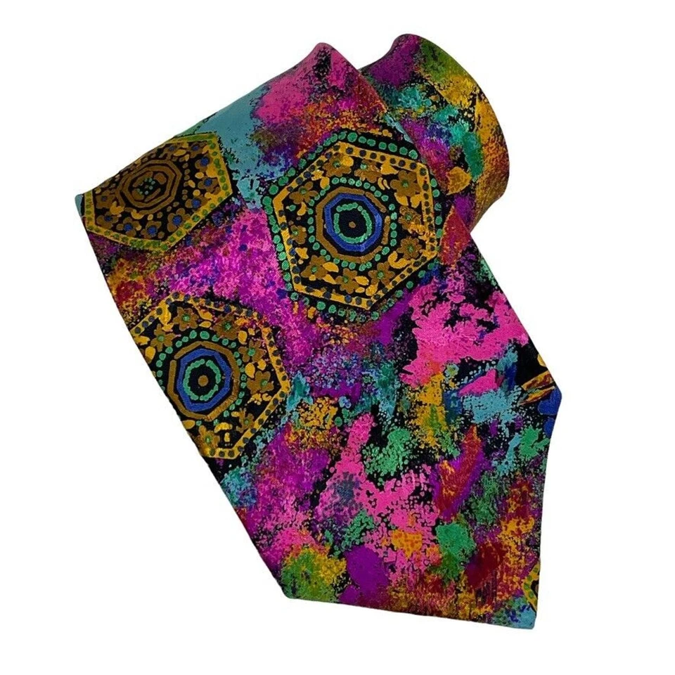 Corbata artística vintage de diseñador Brioni salpicaduras de pintura rosa azul verde 100 % seda Foto 1 de 4