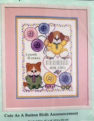 Janlynn Cute As a Button Baby Birth Announcement Counted Cross Stitch Kit #54-60 - Image 1 of 3