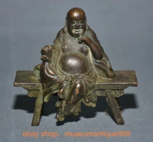 3.2" ancient Chinese purple Bronze stool Happy Laugh Maitreya Buddha statue - Picture 1 of 7