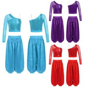 Girls Outfit Competition Set Jazz Dancewear Mesh Crop Tops And Pants Sparkly - Picture 1 of 39