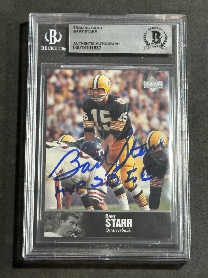 TARJETA AUTOGRAFIADA FIRMADA POR LEYENDAS DE LA BARAJA SUPERIOR BART STARR 1997 BECKETT BAS AUTÉNTICA Foto 1 de 3